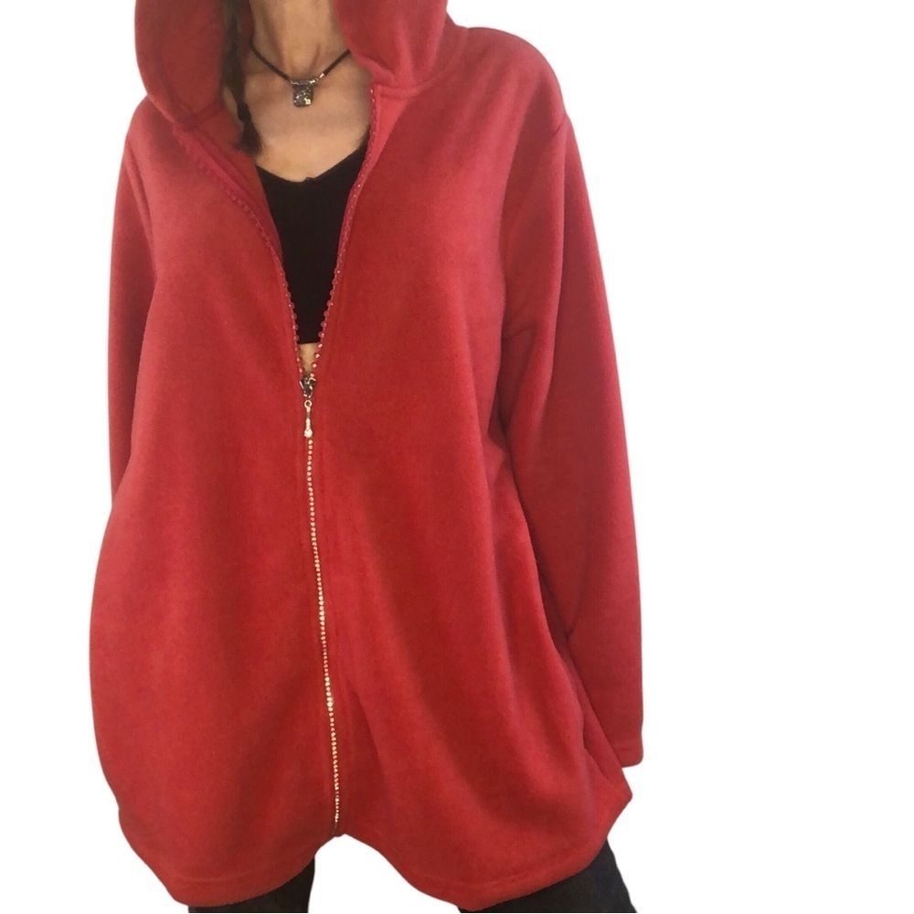 Quacker Factory Fleece Hoodie Women’s 1X Red Jeweled Rhinestone Zipper Cozy